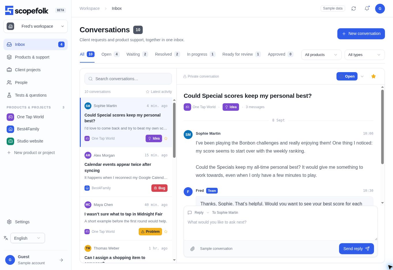 Demo screenshot of the Scopefolk inbox showing product feedback and a private conversation.